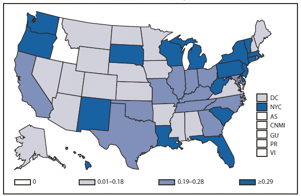 LISTERIOSIS - This figure is a map of the United States and U.S. territories that presents the incidence range per 100,000 population of listeriosis cases in each state and territory in 2010.